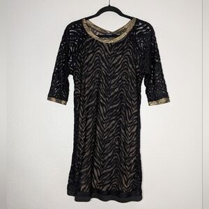 Comme USA Womens Black Gold Trim Rock Boho Mesh Sheer Zebra Print Shirt Dress M